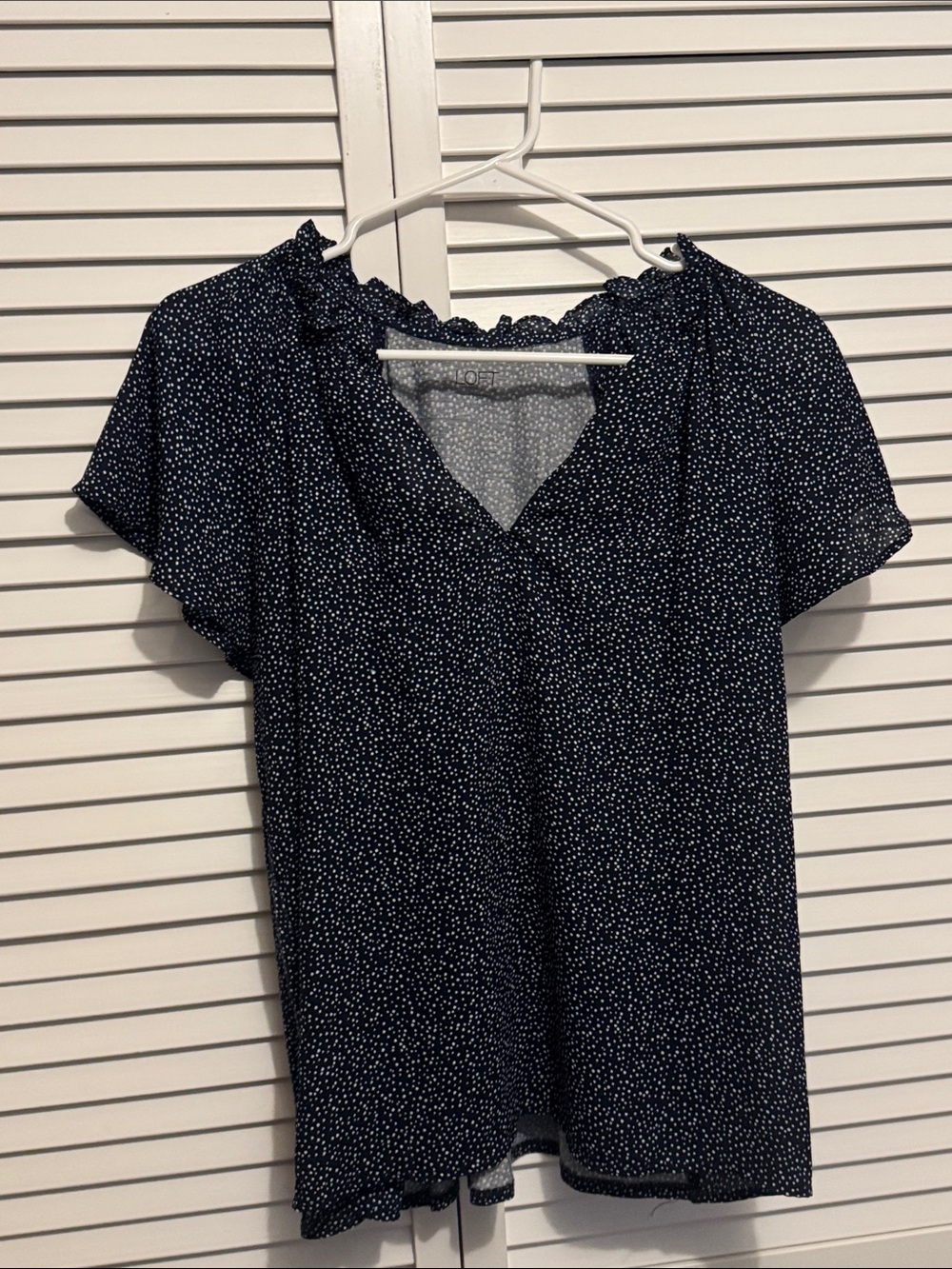 LOFT Navy and White Polka Dot V-Neck Blouse